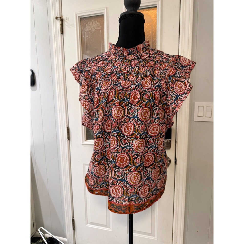 Jennifer Grace Red Blue Cotton Block Print Smocked High Neck Flutter Top Small